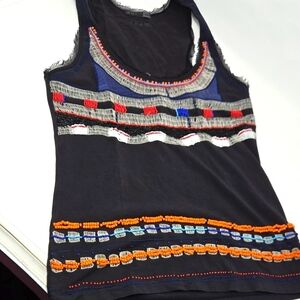 BUI Black and Orange and Multi Colored Beads Women's Top